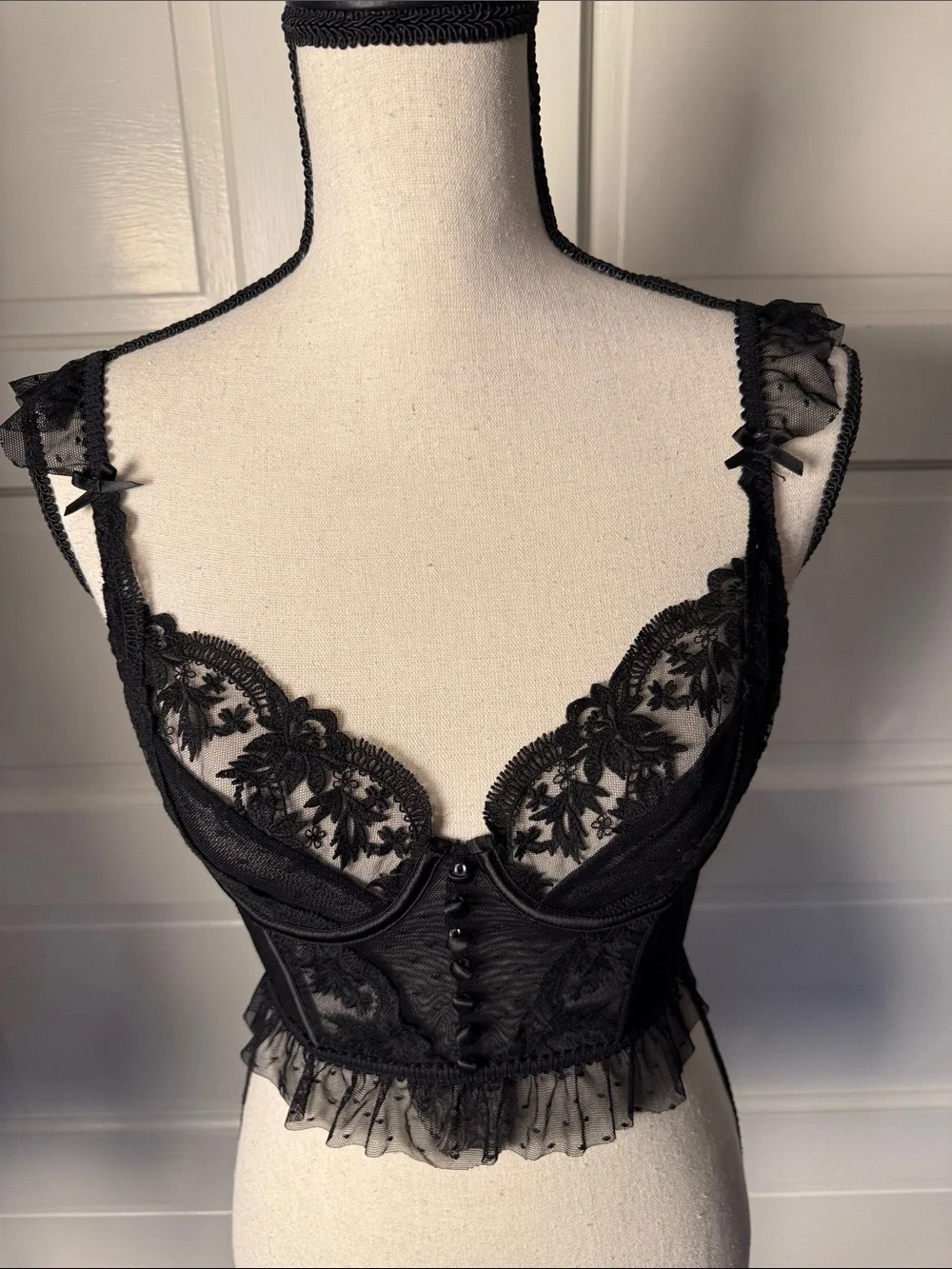 Black Lace Underwire Bustier Corset Top Ruffle Coquette Medium